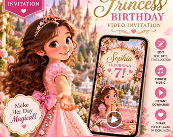 Peut inclure: Une invitation vidéo d'anniversaire de princesse modifiable montrant une fille de dessin animé aux cheveux bruns et robe rose. L'écran affiche le texte Sophia is turning 7, avec des icônes pour éditer, la musique et le partage sur fond rose.
