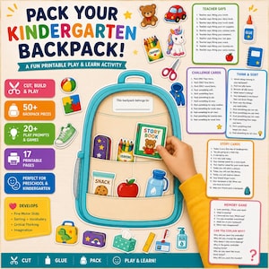 Puede incluir: Un set de actividades imprimibles para preescolar con una mochila ilustrada grande, elementos recortables como un libro de cuentos, crayones, merienda y botella de agua, además de tarjetas de desafíos, juegos de memoria e instrucciones.