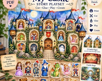 Peut inclure: Un ensemble de jeu My Castle Story en PDF imprimable représentant un château détaillé avec divers personnages aux fenêtres, dont un dragon, un chevalier et un fantôme. Inclut des figurines découpables de royauté, un magicien et des trésors.