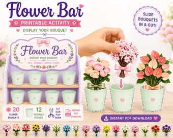 Peut inclure: Un ensemble d'activité imprimable Flower Bar comprenant un présentoir à étagères, douze pots vert clair avec des icônes de cœur et vingt bouquets de fleurs en papier. L'ensemble inclut des textes comme Flower Bar et Instant PDF Download.
