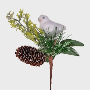 Christmas Bird & Berry Pick: Snowy Pinecone Holiday Stem, 7.8in