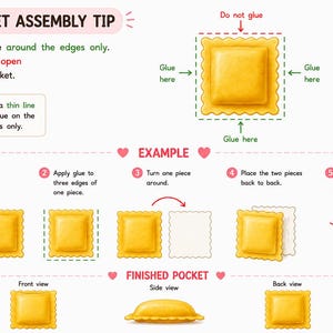 Printable pocket assembly instructions showing how to glue paper ravioli to create reusable ingredient pockets. Easy step-by-step tutorial for printable cooking games, preschool activities, Montessori learning, homeschool, fine motor practice, and dramatic play.