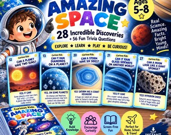 Peut inclure: Un jeu de cartes Curious Kids Amazing Space comprenant 28 cartes de découverte et 56 questions de trivia. La boîte et les cartes présentent des graphismes sur le thème de l'espace, incluant des planètes, des étoiles et un astronaute. Le texte inclut A Universe of Wow, Ages 5-8.