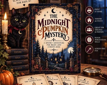 Peut inclure: Un kit de jeu de piste imprimable intitulé The Midnight Pumpkin Mystery avec une couverture de livre illustrant un château sombre, un chat noir, quatre cartes indices, une loupe et du texte incluant Print at Home et Indoor Activity.