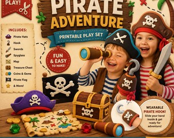 Peut inclure: Un ensemble de jeu imprimable Pirate Adventure comprenant des chapeaux de pirate, un crochet, des épées, une longue-vue, une carte, un coffre au trésor, des pièces, des gemmes et un drapeau en papier à imprimer, découper et assembler.