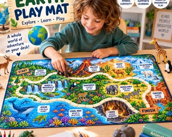 Peut inclure: Un tapis de jeu rectangulaire Earth Play Mat présentant un chemin illustré coloré à travers divers écosystèmes, incluant forêts, volcans, déserts, régions polaires et océans, avec des étiquettes comme Start, Finish et des noms d'habitats.
