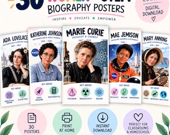 Peut inclure: Un ensemble de 30 affiches biographiques sur les femmes dans les STIM, incluant Ada Lovelace, Katherine Johnson, Marie Curie, Mae Jemison et Mary Anning. Ce téléchargement numérique mesure 21,59 x 27,94 cm et présente des icônes éducatives.