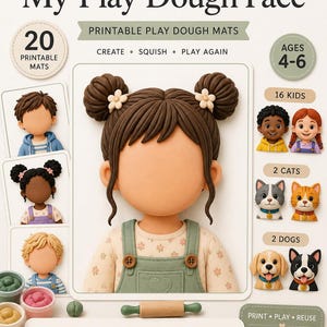 Puede incluir: Set de tapetes imprimibles para plastilina My Play Dough Face con 20 tapetes para edades de 4 a 6 años. Incluye ilustraciones de niños, gatos y perros con rostros en blanco para decorar, además de un pequeño rodillo de madera y botes.