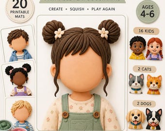 Peut inclure: Ensemble de tapis de pâte à modeler imprimables My Play Dough Face comprenant 20 tapis pour les 4-6 ans. Il présente des illustrations d'enfants, de chats et de chiens aux visages vierges à décorer, avec un petit rouleau en bois et des pots.