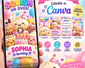Peut inclure: Un modèle d'invitation vidéo animée pour une fête d'anniversaire, modifiable dans Canva. Le design présente des personnages de nourriture souriants, des ballons colorés et le texte SQUISH ON OVER et SOPHIA is turning 7. Inclut des icônes.