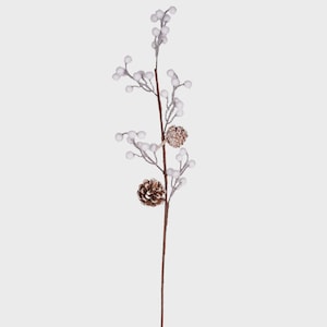 Snowy Berry Pinecone Christmas Pick: White Winter Floral Stem 70cm