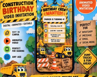 Peut inclure: Une invitation vidéo d'anniversaire numérique sur le thème de la construction affichée sur un écran de smartphone. Le design présente des camions bennes jaunes, des cônes de signalisation orange et le texte Birthday Crew Wanted.