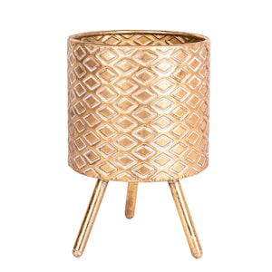 Elegant Gold Metal Planter with Stand – Embossed Decorative Pot – 20x30 cm (7.9x11.8 in) – Removable Tripod Base – Indoor Modern Plant Vase