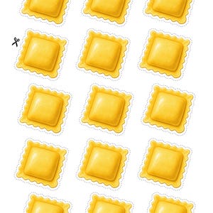 Printable classic ravioli pieces for pretend play cooking. Children cut, assemble, fill, and serve paper ravioli while practicing fine motor skills, scissor skills, imaginative play, Montessori activities, preschool learning, and homeschool kitchen games.
