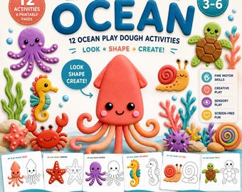 Peut inclure: Un ensemble d'activités My Play Dough Ocean avec 12 pages imprimables pour les 3-6 ans. La couverture présente des créatures marines en pâte à modeler colorée, dont un calmar, une pieuvre, un hippocampe, un crabe, un escargot et une tortue.