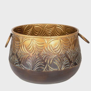 Large-Antique Gold Metal Planter with Handles | Embossed Leaf Pattern | Decorative 36.5x23 cm Flower Pot | Boho Chic Home & Balcony Decor