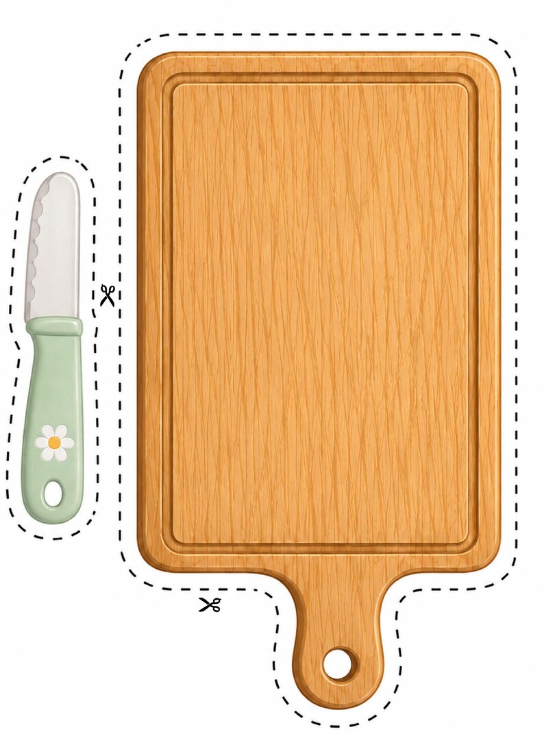 Printable wooden cutting board and child-safe kitchen knife for pretend play cooking activities. Designed for printable ravioli games, preschool kitchen centers, Montessori-inspired learning, fine motor practice, homeschool activities, and dramatic play with paper food.