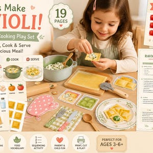 Child playing with printable ravioli pretend play cooking activity by filling paper ravioli with ingredients, using printable kitchen tools, cutting board, pot, and serving plate. Perfect for preschool, Montessori learning, homeschool, dramatic play, and fine motor development.