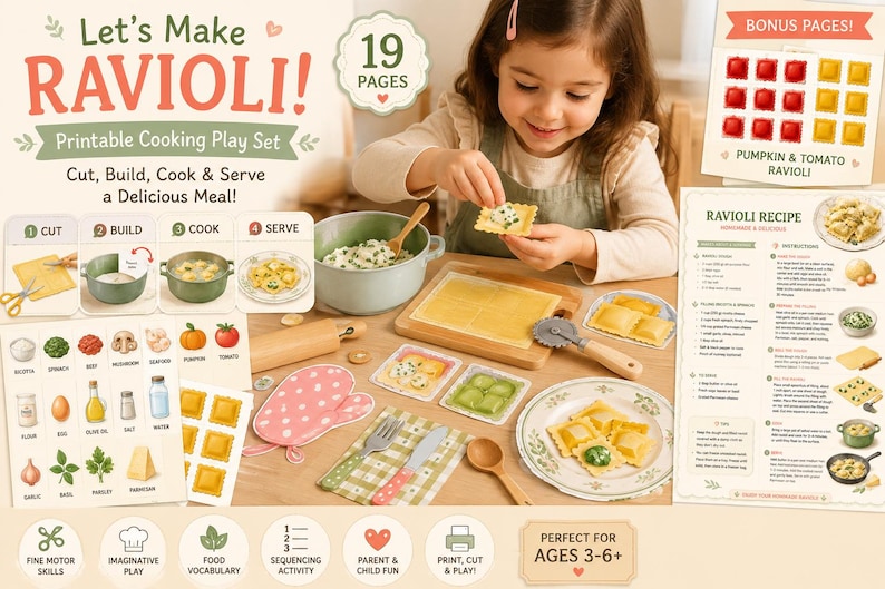 Child playing with printable ravioli pretend play cooking activity by filling paper ravioli with ingredients, using printable kitchen tools, cutting board, pot, and serving plate. Perfect for preschool, Montessori learning, homeschool, dramatic play, and fine motor development.