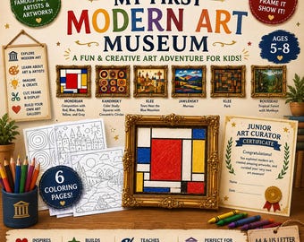 Peut inclure: Kit d'activités My First Modern Art Museum comprenant un titre coloré, six reproductions d'œuvres d'art, un cadre doré orné, des pages à colorier, un certificat de conservateur junior et des crayons de couleur dans un pot bleu.