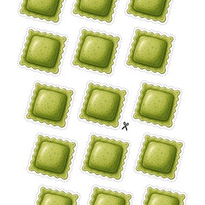 Printable spinach ravioli pieces for pretend play cooking and paper food activities. Ideal for preschool, kindergarten, Montessori learning, dramatic play, homeschool activities, fine motor development, and interactive printable kitchen games.