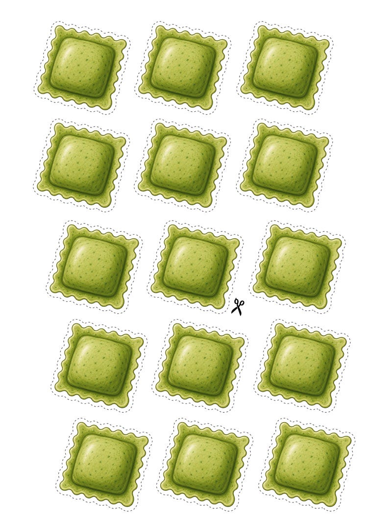 Printable spinach ravioli pieces for pretend play cooking and paper food activities. Ideal for preschool, kindergarten, Montessori learning, dramatic play, homeschool activities, fine motor development, and interactive printable kitchen games.