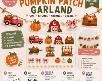 Peut inclure: Un kit de bricolage PDF imprimable pour une guirlande de citrouilles comprenant des découpes de camions rouges, de citrouilles, de granges et de nœuds. Inclut des instructions pour imprimer, découper, assembler et fixer les pièces sur une ficelle.