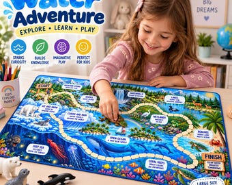 Peut inclure: Un tapis de jeu Water Adventure présentant un chemin sinueux à travers divers écosystèmes aquatiques comme les grands fonds, les zones humides et les récifs coralliens. Le tapis inclut des étiquettes textuelles et des illustrations marines.
