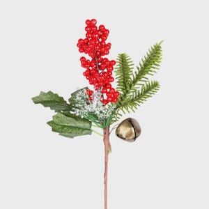 Christmas Berry Pine Branch with Bell – Red Green Faux Holiday Stem 30 cm / 11.8 in. – Frosted Decoration - Red Holly Berries with Bell