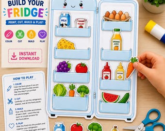May include: A paper craft set titled BUILD YOUR FRIDGE with instructions, a refrigerator template, and various cut-out food items like milk, eggs, cheese, fruits, and vegetables. The set includes a printed guide for coloring, cutting, and building.