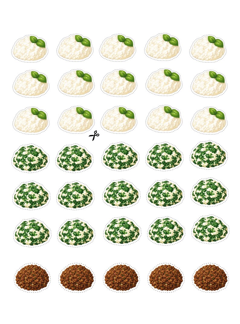 Printable ravioli fillings including ricotta, spinach, beef, mushroom, and seafood for interactive pretend play cooking. Designed for reusable paper ravioli pockets, preschool activities, Montessori learning, homeschool, vocabulary development, and dramatic play.