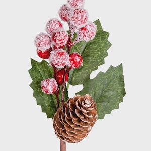 Christmas Berry Pinecone Pick: Red & Green Holiday Stem - 11in