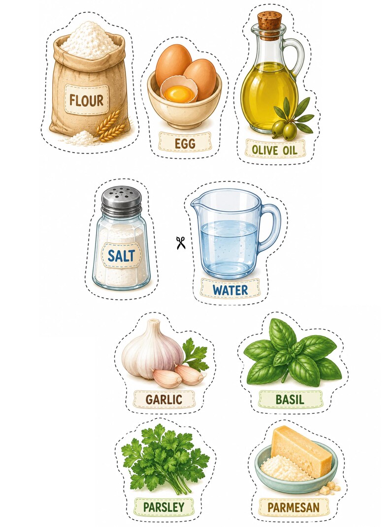 Printable ravioli dough ingredients including flour, eggs, olive oil, salt, water, garlic, basil, parsley, and Parmesan cheese. Ideal for pretend play cooking, printable food activities, Montessori learning, preschool kitchen centers, and homeschool games.
