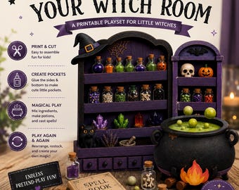 Jeu de fabrication de potions d'Halloween à imprimer | Activité de jeu de rôle de sorcière | Salle des sorts de la petite sorcière | Kit de potions, chaudron et grimoire (PDF)