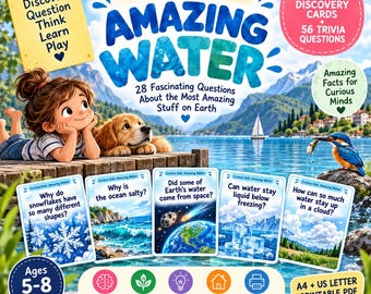 Peut inclure: Un jeu de cartes de découverte Curious Kids: Amazing Water comprenant 28 cartes et 56 questions. L'image montre un enfant et un chiot au bord d'un lac, avec cinq cartes illustrant des questions sur les flocons, l'océan, l'espace, la glace et les nuages.