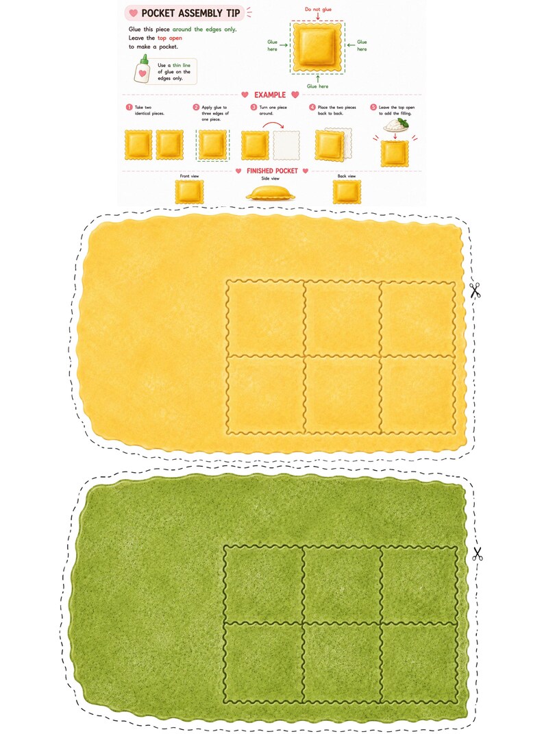 Printable classic and spinach ravioli dough sheets with cut guides for children to create paper ravioli. Encourages fine motor skills, scissor practice, pretend play cooking, Montessori-inspired learning, preschool activities, and printable paper crafts.