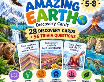 Earth Science Flashcards for Kids, 28 Discovery Cards + 56 Trivia Questions, Ages 5-8