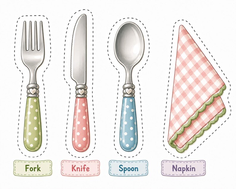 Printable fork, knife, spoon, and napkin set for pretend play kitchen activities. Includes child-friendly printable table setting for preschool dramatic play, Montessori learning, homeschool activities, paper food games, and imaginative cooking fun.