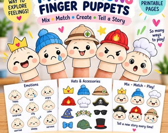 Activité sur les émotions pour enfants, marionnettes à doigts imprimables sur les sentiments, activité d'apprentissage socio-émotionnel pour la maternelle, jeu de contes et de rôle
