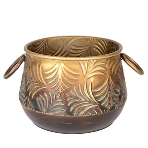 Antique Gold Planter with Handles | Embossed Leaf Pattern | Decorative 27x18.5cm / 10.6x 7.3 in. Flower Pot | Boho Chic Home & Garden Decor