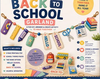 Peut inclure: Un kit de guirlande de rentrée scolaire à imprimer soi-même, comprenant des découpages en papier sur le thème de l'école comme une règle jaune, des ciseaux bleus, un bus scolaire et des livres, avec des instructions de montage.