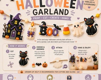 Peut inclure: Un kit de guirlande d'Halloween à fabriquer soi-même avec des découpages imprimables de maison hantée, bougie, texte Boo, bonbon maïs, fantôme et chat noir. Le graphique montre les étapes pour couper, assembler et suspendre les décorations.
