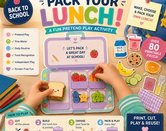 Peut inclure: Un ensemble d'activité de jeu de simulation à imprimer comprenant une boîte à lunch violette avec des compartiments, plus de 80 pièces alimentaires dont un sandwich, du lait, des fruits et des légumes, avec des instructions de découpe.