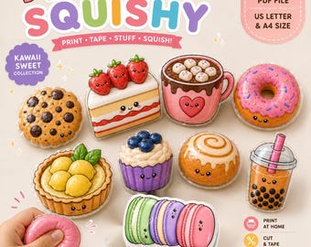 May include: A DIY paper squishy printable PDF file featuring various food illustrations including a chocolate chip cookie, strawberry cake, hot cocoa, donut, lemon tart, cupcake, cinnamon roll, boba tea, and macarons, all with smiling faces.