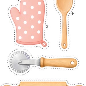 Printable pretend play kitchen tools including oven mitt, wooden spoon, ravioli cutter, and rolling pin for children's cooking activities. Perfect for paper kitchen play, Montessori learning, preschool dramatic play, fine motor skills, homeschool activities, and printable food crafts.