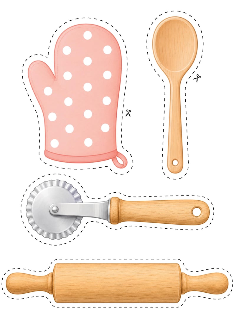 Printable pretend play kitchen tools including oven mitt, wooden spoon, ravioli cutter, and rolling pin for children's cooking activities. Perfect for paper kitchen play, Montessori learning, preschool dramatic play, fine motor skills, homeschool activities, and printable food crafts.