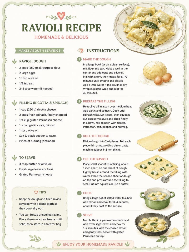 Printable homemade ravioli recipe card included as a bonus page with step-by-step cooking instructions, real ingredients, dough recipe, ricotta spinach filling, serving tips, and authentic homemade ravioli directions for families who want to cook together.