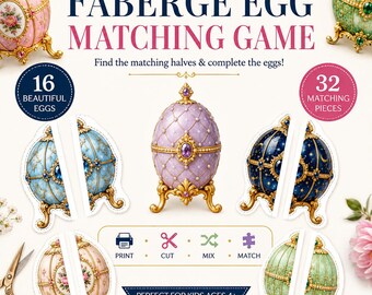 Peut inclure: Un jeu de correspondance d'œufs Fabergé comprenant 16 œufs et 32 pièces à associer. Le jeu inclut des instructions pour imprimer, découper, mélanger et assembler les moitiés d'œufs. Le design présente des illustrations d'œufs ornés sur socles dorés.