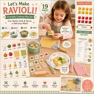 Printable Ravioli Pretend Play activity showing children assembling paper ravioli, choosing fillings, cooking in a paper pot, serving meals, and enjoying interactive pretend kitchen play. Includes printable tools, bonus pages, real recipe, Montessori learning, preschool, and homeschool activities.