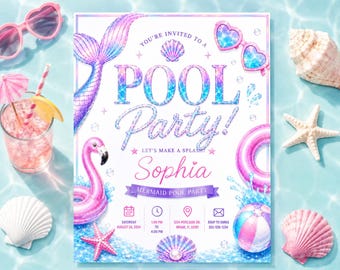 MERMAID POOL PARTY Invitation & Welcome Sign Bundle | Editable Canva Template | Mermaid Birthday Invitation | Pool Party Sign, Mobile Invite
